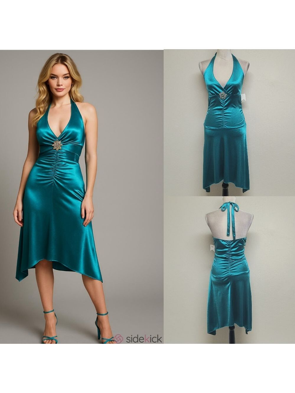 Deadstock Vintage Charlotte Russe Teal Satin Brooch Shark Bite Hem Halter Dress